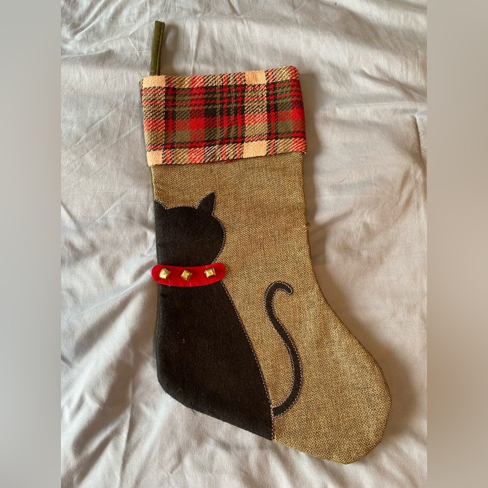 Holiday Black Cat Stocking with Plaid Cuff, Red Collar Accent with jingle bells